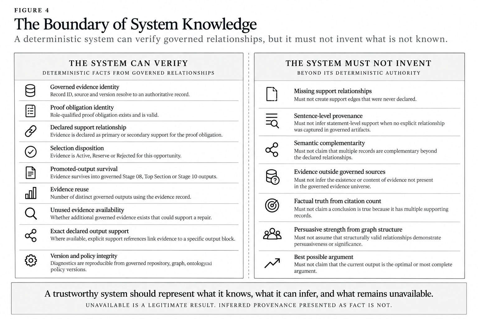 Two-column journal figure contrasting relationships the system can deterministically verify with claims it must not invent, ending with the principle that unavailable is a legitimate result.